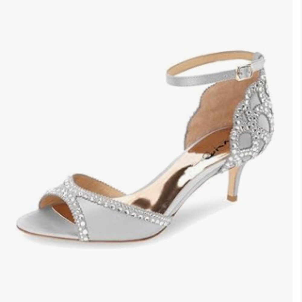 XYD Grey Chic Peep Toe D'Orsay Kitten Heel Rhinestone Studs Ankle Strap Sandal